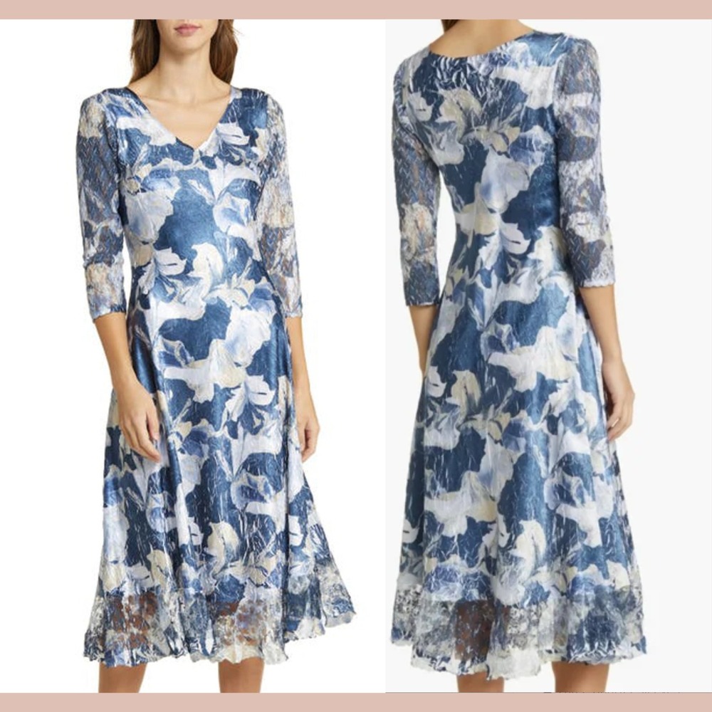 NEW $328‎ Komarov [ Large ] Gilded Lily Charmeuse Lace Cocktail Midi Dress U1267